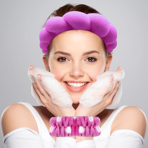Zkptops Spa Headband for Washing Face Wristband Set Sponge Makeup Skincare Terry Cloth Bubble Soft Get Ready Hairband for Women Girl Puffy Padded Headwear Non Slip Thick Hair Accessory(Dark Purple) - color: YP Dark Purple