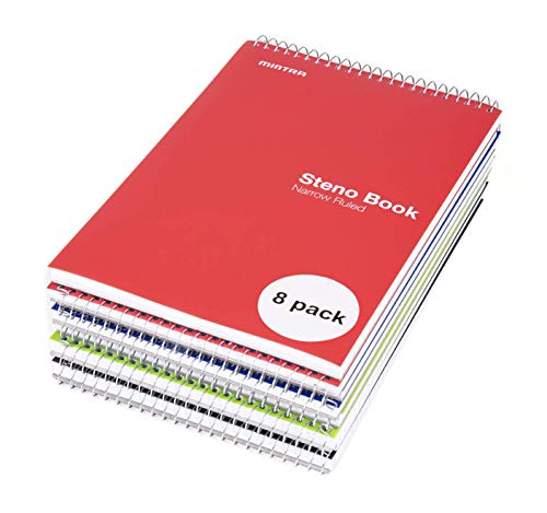 Mintra Office Steno Books Set - Top-Spiral Bound, Narrow Ruled, 100 White Sheets, Poly Primary Color Covered Notebooks for Office, Professional, School & Work, Note-taking, Writing Pads, 6"x9", 8 Pack - color: Poly Primary Covers 8pk, size: Narrow Ruled