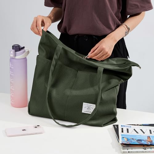 KALIDI Women Corduroy Tote Bag Zipper Casual Tote's Handbag Big Capacity Shoulder Bag with Pockets - color: D-army Green