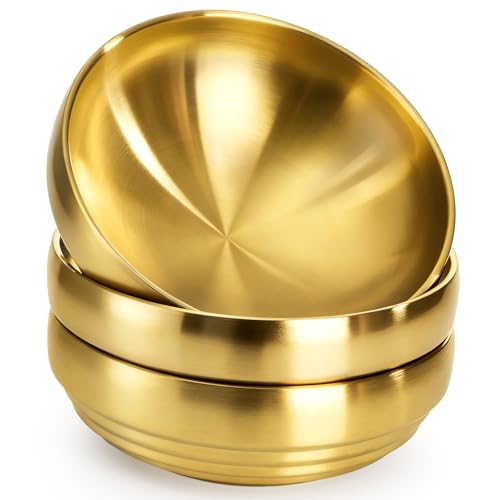 Frcctre 3 Pack 7.3 Inch Large Stainless Steel Bowls, 31 OZ Double Walled Insulated Bowls, Unbreakable Decorative Golden Bowl Serving Bowl for Salad Soup Noodle Friut Mixing, Dishwasher Safe