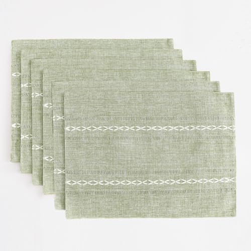 Wracra Cotton Linen Place Mats, Sage Green Embroidered Placemats Set of 6 - color: Hemstitched Sage Green, size: Placemats(Set of 6)