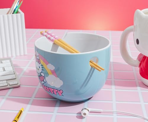 Silver Buffalo Sanrio Hello Kitty Rainbow Ceramic Ramen Dinnerware Set | Includes 20-Ounce Noodle Bowl and Wooden Chopsticks