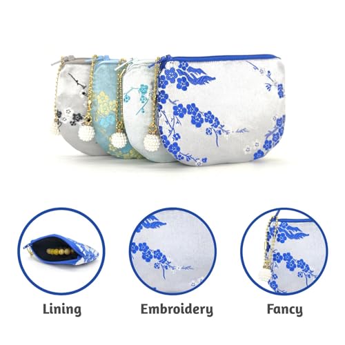 Handmade Women Coin Purse Brocade Rosary Bag Silk Jewelry Pouch Zipper Wallet - White Blue - color: White_Blue