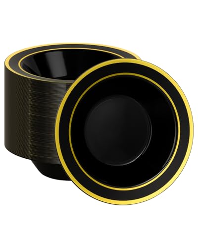 BESTSTAR 100 Pack Black Disposable Bowls with Gold Rim - color: Black, size: 100 pack