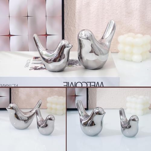 2 Pcs Ceramic Small Bird Figurines Modern Animal Statues for Home 、Room Decor and Bedroom Decor and Bookshelf Display (Silver) - color: Silver