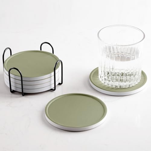 Set of 6 Olive Green Coasters with Holder, Absorbent Ceramic Drink Coasters with Cork Backing for Table Protection, Table Decor, Housewarming Gifts - color: Olive Green