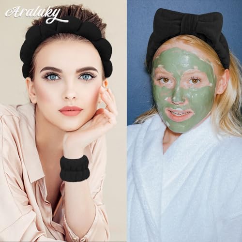 6 Pcs Puffy Terry Cloth Spa Headband and Wristbands for Face Skincare, Makeup Removal, Yoga, Shower, Spa Party, One Size, Unisex-Adults - color: Black