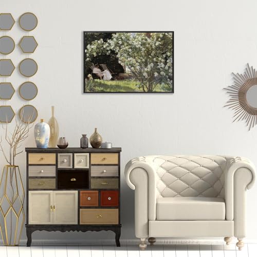 Huabsad Vintage Landscape Flower Oil Painting Canvas Wall Art Antique Portrait of Woman Outdoor Garden Roses Wall Decor French Rustic Farmhouse Bedroom Aesthetic Painting Print 16x24in Black Framed - color: Oil painting01, size: 16x22in Metal Framed