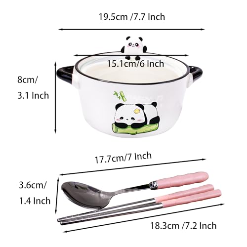 Porcelain Soup Bowl with Lid, Handles, Spoon and Chopsticks, 6'' Ramen Bowl - color: White