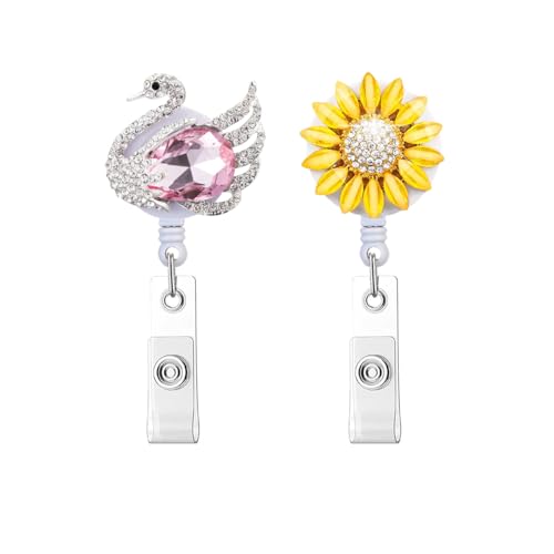 Crystal Badge Reel Retractable ID Holder with Swan Sunflower Design 2 Pack - color: Swan & Sunflower