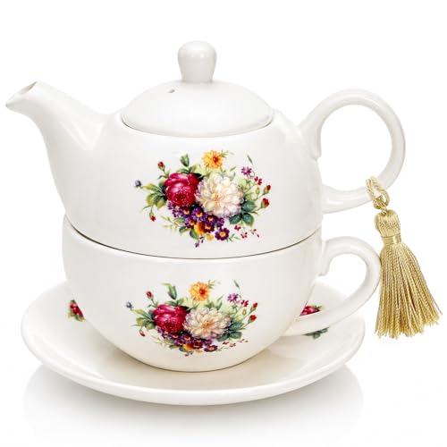 Tea for One with Tassel, 16 OZ Ceramic Teapot Set, Floral Tea Pot with Cup and Saucer, Single Serving Tea Set for Women, Mother's Day, Thanksgiving, Valentine's Day, Wedding, Home Decor