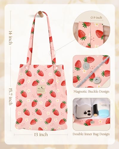 Miss Adola Corduroy Tote Bag for Women Cute Design - color: Flower Strawberry
