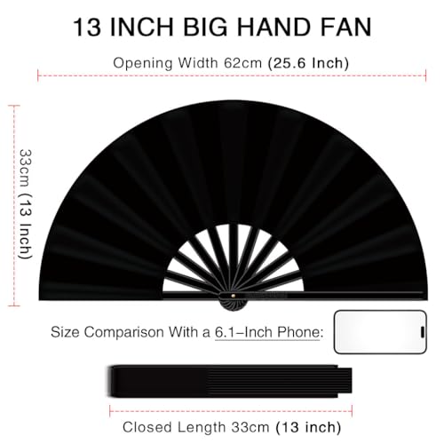 13" Large Folding Rave Fan with Holster, Clack Hand Fans Foldable for Line Dancing for Women Men Festival EDM Party Decoration, Black 2 Pack - color: Black
