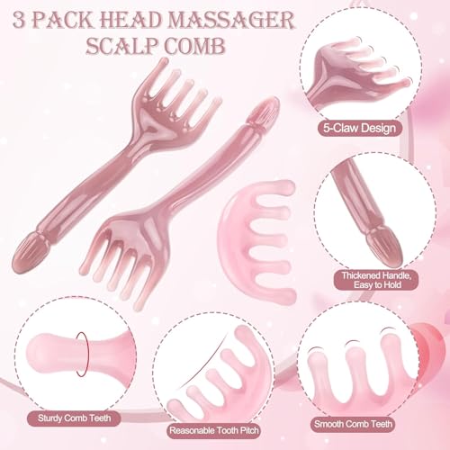 3 Piece Head Brush Set Resin Pink for Scalp, Face, Neck, Hand Massage, Stress Relief and Relaxation Tool