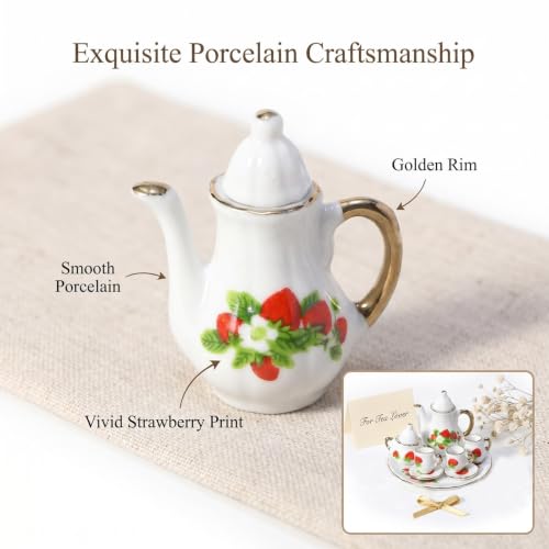 Miniature Tea Set 1/6 Scale Dollhouse Accessories Porcelain, Strawberry - color: Strawberry