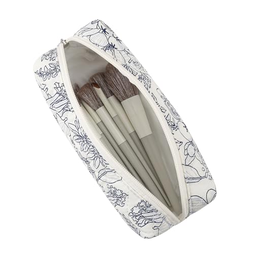 Cute Floral Cotton Makeup Brush Cosmetic Bag for Women, Travel Quilted Zipper Make Up Bag, Flowers Toiletry Organizer Case Kawaii Makeup Cosmetic Travel Cloth Pouch (Blue+Navy Blue) - color: Two Pack: (Blue Floral+Navy Blue Flower)