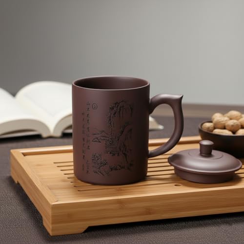I-MART Chinese Tea Cup Purple Clay Mug with Lid 16 oz Yixing Style Kung Fu Teacup for Loose Leaf Tea Coffee Daily Use with Ergonomic Handle and Traditional Design