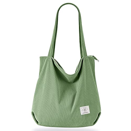 KALIDI Women Corduroy Tote Bag Zipper Casual Tote's Handbag Big Capacity Shoulder Bag with Pockets - color: G-green