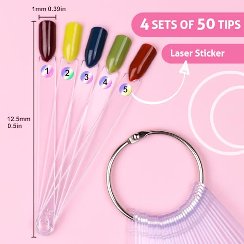 Subay 200 Pcs Nail Swatches Sticks with Number Stickers, Fan-Shaped Practice Nail Art Tips Sticks for Nail Polish Display, Nail Color Swatches Tools with Metal Split Ring for Gel Manicure Home Salon - color: Clear 200Pcs