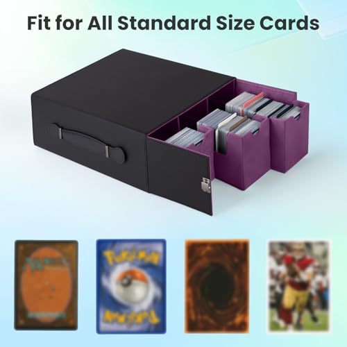 Trading Card Storage Box, 3-Row Deck Case with Handle, 2500+ Card Organizer with 8 Colorful Dividers & 3 Stoppers for MTG TCG PTCG Sports Card, Black & Purple - color: Black & Purple, size: 2500+, with Handle