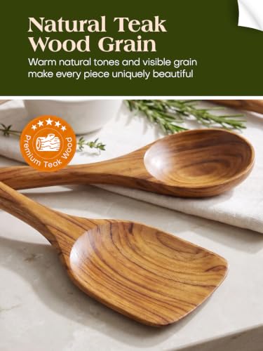 AIUHI 10Pcs Wooden Kitchen Utensils, Teak Wood Utensil Set for Kitchen, Heat-resistant Wooden Spoons for Cooking, Nonstick Wood Spatula Soup Ladle Tong Egg Whisk