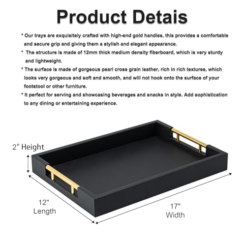Black Rectangle Serving Tray with Gold Handles for Party,Large Wood Decorative Tray for Ottoman,Faux Leather Coffee Table Tray Decor - color: Black, size: 17" x 12" x 2"