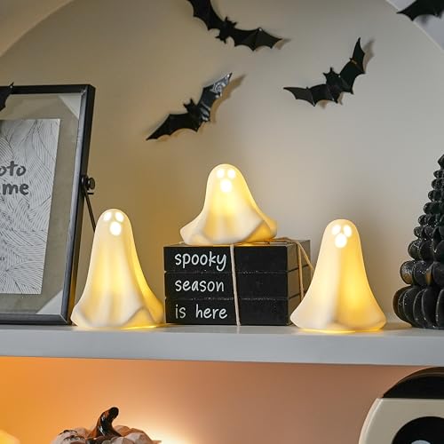 AOMOONOA Ceramic Ghost Decor, 3Pcs Light Up Ghosts for Halloween Decor - color: Haunted White