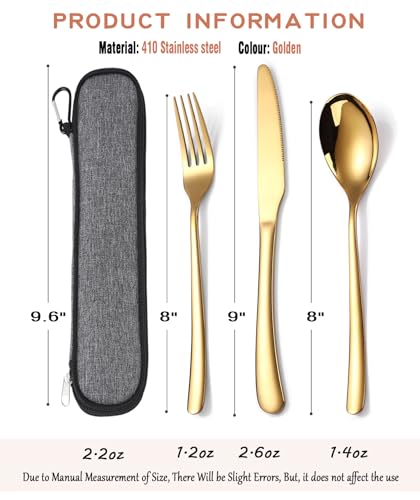 MURRI&MURRDI Stainless Steel Cutlery Set for 1, Reusable Flatware Set with Case, Cutlery Set for Work Stainless Steel Knife Fork Spoon Set 3 Piece (B- 3 Gold) - color: B- 3 Gold