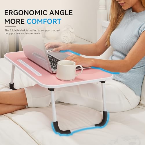 BUYIFY Folding Lap Desk, 23 Inch Portable Wood Blue Laptop Bed Desk Lap Desk with Cup Holder, for Working Reading Writing, Eating, Watching Movies for Bed Sofa Couch Floor-Pink 02 - color: Pink