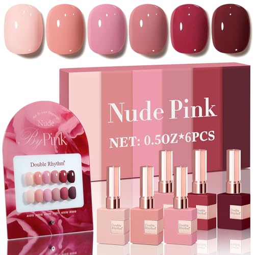 Double Rhythm 6 Pcs 15 ML Gel Polish Set Same Color Same Bottle Soak Off Gel Polish Kit Nail Art Manicure Salon DIY at Home for Women (Burgundy Red Nude Pink Purple Beige-T6-3) - color: Nude Pink
