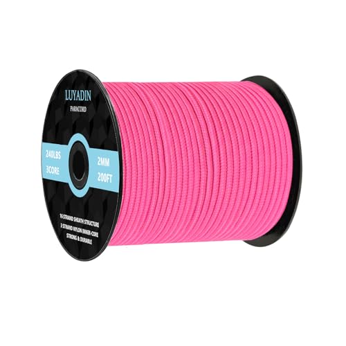 Paracord 240lb - Diameter 2mm Micro Utility Cord -3 Strand Parachute Spool Cord - 100ft 200ft,Paracord for Camping,Hiking,Fishing,Outdoor and DIY - color: Hot Pink, size: 200 ft