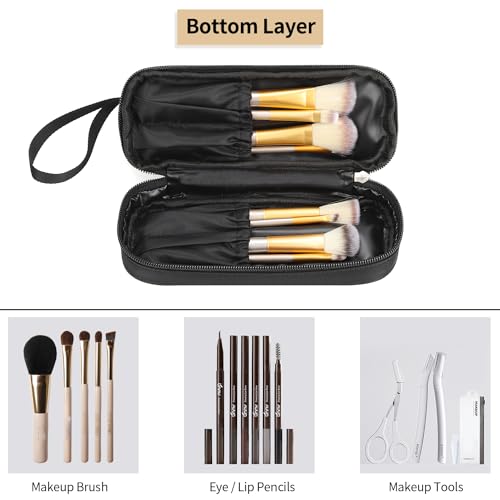 Small Makeup Bag 2 Layers Travel Cosmetic Bag with Makeup Brush Compartment - color: 02-nylon black