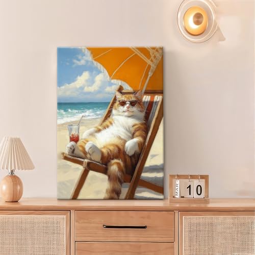 Funny Cat Beach Wall Art Cute Cat Ocean Canvas Wall Decor Coastal Kitten Pictures Paintings Prints Seaside Artwork Framed Seascape Decorations For Bathroom Bedroom Living Room Office Gifts 16" x 24" - color: Beach Cat, size: 24"L x 16"W