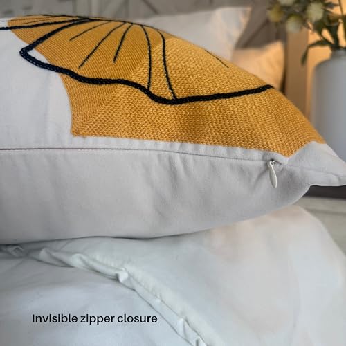 AYAY Decorative Velvet Throw Pillow Cover 18x18 Inch – Beige with Yellow, Rust & Olive Embroidered Floral Design, Earthy Boho Accent Cushion, Hidden Zipper, Cover Only - color: Earthy Floral Yellow and Olive