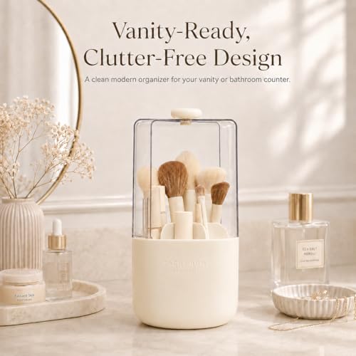 EACHY Makeup Brush Holder with Lid, Rotating Makeup Brush Organizer, Beige - color: Beige