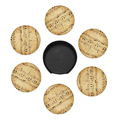 6 Pcs Leather Coasters for Drinks with Holder Retro Music Scores Coaster Sets Drink Table Cup Coasters for Kitchen Coffee Decor - color: Piano Music Score