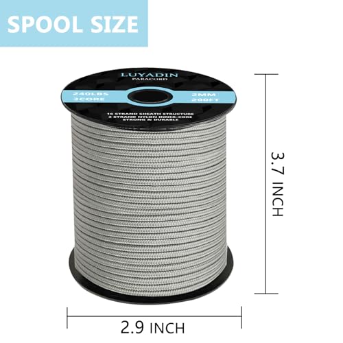 Paracord 240lb - Diameter 2mm Micro Utility Cord -3 Strand Parachute Spool Cord - 100ft 200ft,Paracord for Camping,Hiking,Fishing,Outdoor and DIY - color: Gray, size: 200 ft