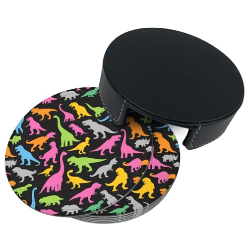 6 Pcs Leather Coasters for Drinks with Holder Cute Colorful Dinosaurs Coaster Sets Drink Table Cup Coasters for Kitchen Coffee Decor - color: Colorful Dinosaurs