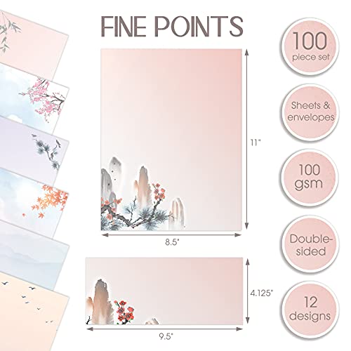 Better Office Products Japanese Watercolor Stationery Paper Set, 100 Piece Set (50 Sheets + 50 Matching Envelopes), Letter Size 8.5 x 11 inch, 9 Designs, Double Sided Printing Paper, - size: 8.5 x 11 Inch