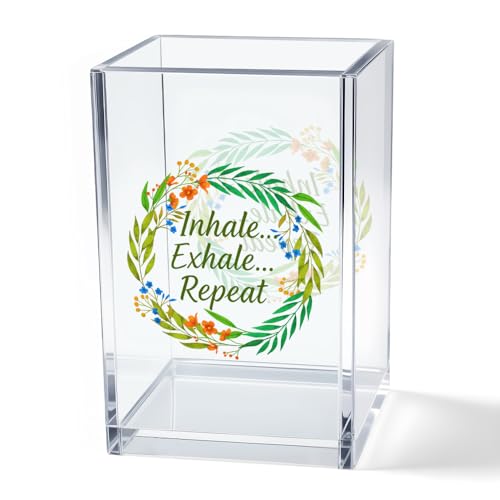 Inhale Exhale Repeat Acrylic Cosmetic Pencil Pen Holder Cup, Inspirational Desk Organizer Accessories for Home Office Meditation Room Decor, Motivational Gifts for Women Girl Yoga Lover Coworker - style: Inhale Exhale