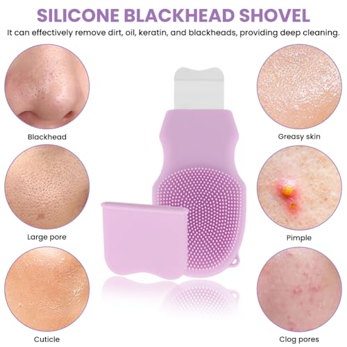 2-in-1 Silicone Face Scrubber & Blackhead Remover Tool, Facial Cleansing Brush with Stainless Steel Skin Spatula, Nose Pore Cleaner, Face Exfoliator for Deep Cleansing, Mask Applicator for Women & Men - color: Purple