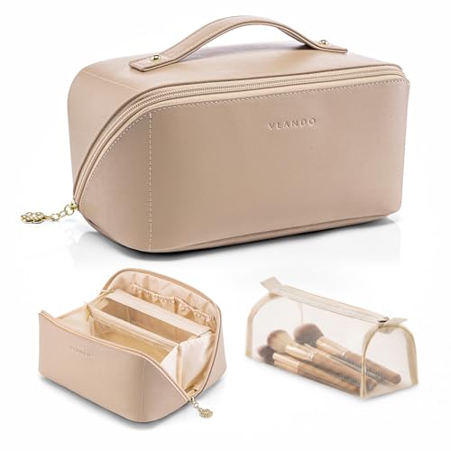 VLANDO Travel Makeup Bag with 180°Opening, Women Toiletry Case,Toffee - color: 01.Toffee