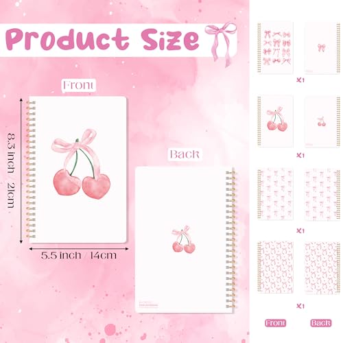 CNhoqc Pink Spiral Journal Notebook, 4Pcs A5 Watercolor Coquette Bow Cherry - color: 4-Pcs Pink Bow-A