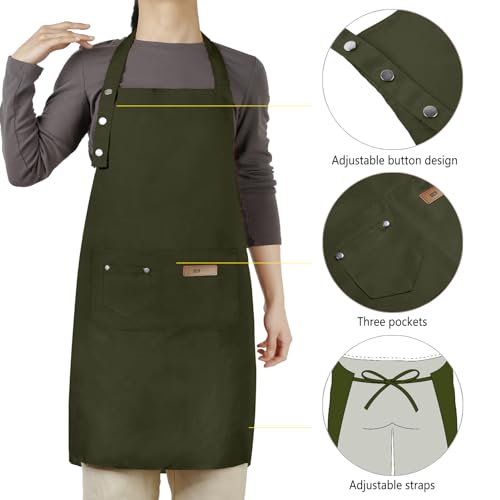 Hongsome Adjustable Button Apron for Women Men Artist Painting Pottery Garden Cooking Kitchen Chef 3 Pockets Waterproof M-XXL - color: Green