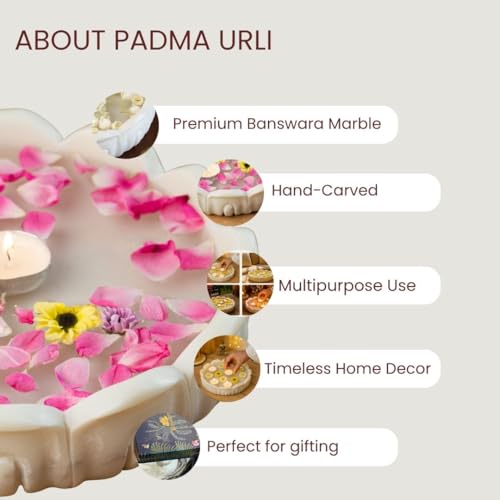 RITUALISTIC Padma Makrana Marble Urli Bowl (23×23×5 cm) | Natural White Marble with Lotus Design | Floating Candles & Flower Décor | Pooja Room Living Room Festive Display | Diwali Housewarming Gift - style: Padma Marble Urli