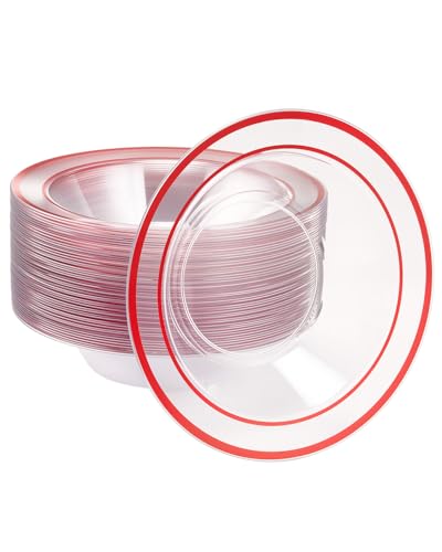 BESTSTAR 50 Pack clear Plastic Bowls with Red Rim - color: Red, size: 50 pack