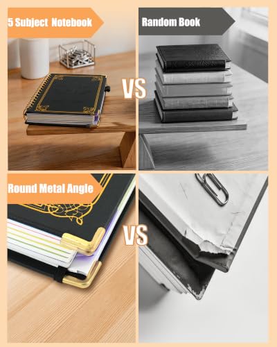 Hardcover Spiral Notebook Journal with Removable Dividers Tabs, 5 Subject Notebooks for Work School, 300 pages 8"x10" B5 leather Journal College Ruled, Cute Journal for women, Black - color: Black