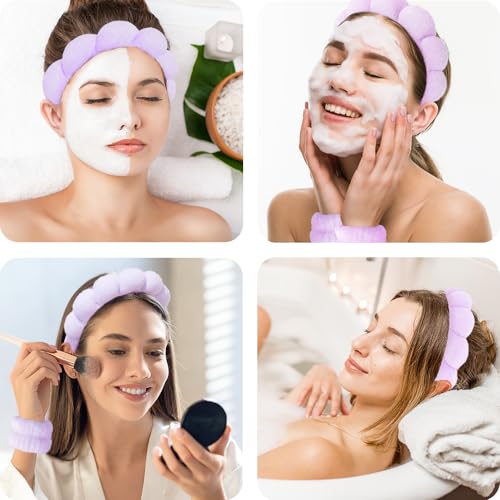 Spa Headbands for Washing Face Wristband Set Sponge Makeup Skincare Headband Wrist Towels Bubble Soft Terry Towel Cloth Hairband for Women Puffy Headwear Non Slip Thick Thin Hair Headwear (Lilac) - color: Lilac
