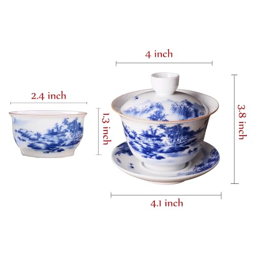 Jingdezhen Chinese Tea Set Porcelain Service Gaiwan Tea Cups Mug of Tea Ceremony Teapot,One Teapot and Three Cups Bone Kung Fu Tea Ceremony Party Home Office Décor（Landscapes）