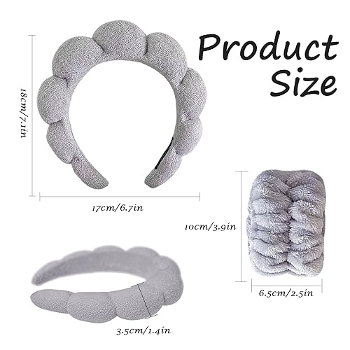 Beleki Spa Headband for Washing Face, Sponge Makeup Headband and Wristband Set Non Slip Skincare Headbands Soft Puffy Headwear Hair Accessories for Women Girls, Gray - color: Grey